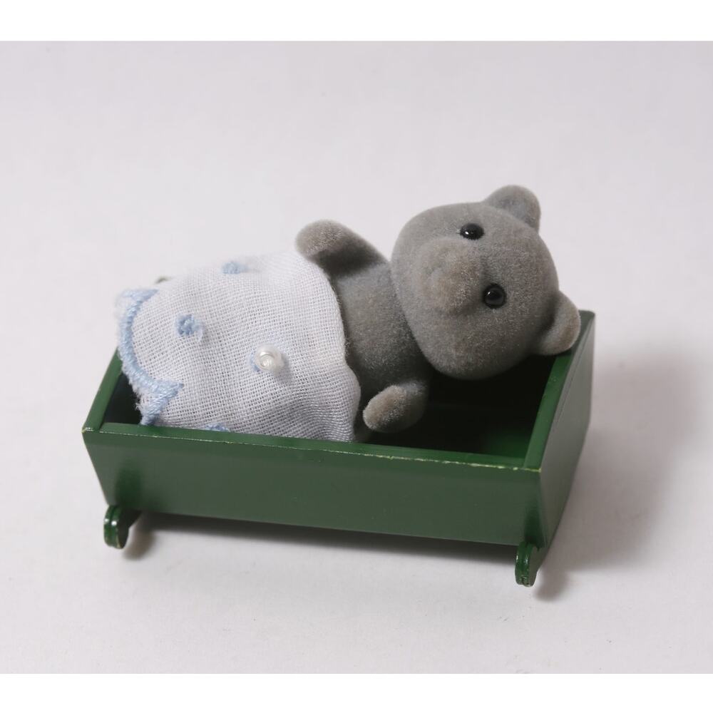 1980s Sylvanian Families Evergreen Grey Bear Baby Flocked Doll ~ 260812-WH 886